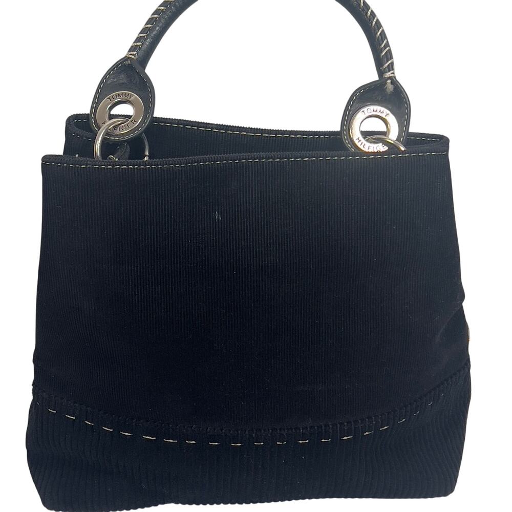 Tommy Hilfiger Black with White Thread Trim Corduroy Canvas Fabric Bag Purse